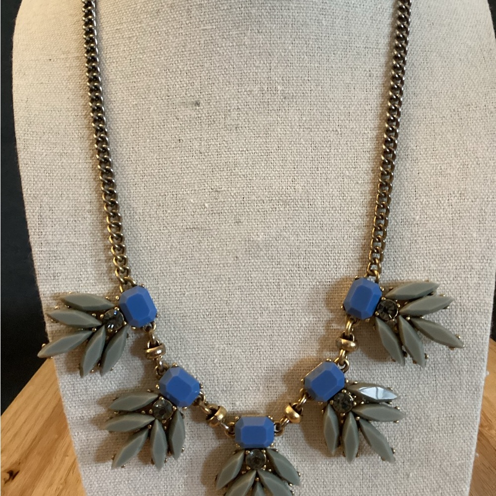 J.Crew Gold Tone Blue Lucite Gray Leaf Statement Necklace